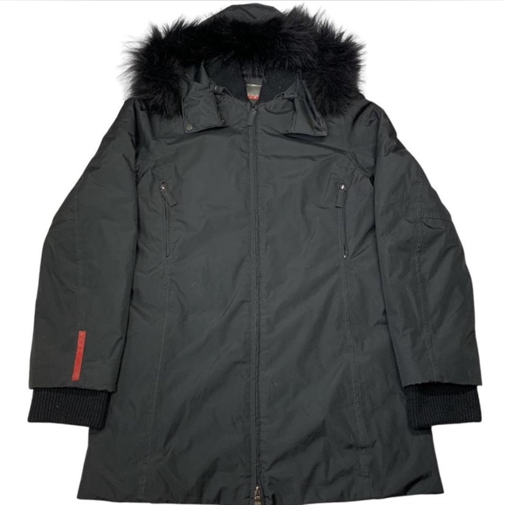 Prada sport black jacket parka fur lined raccoon hood